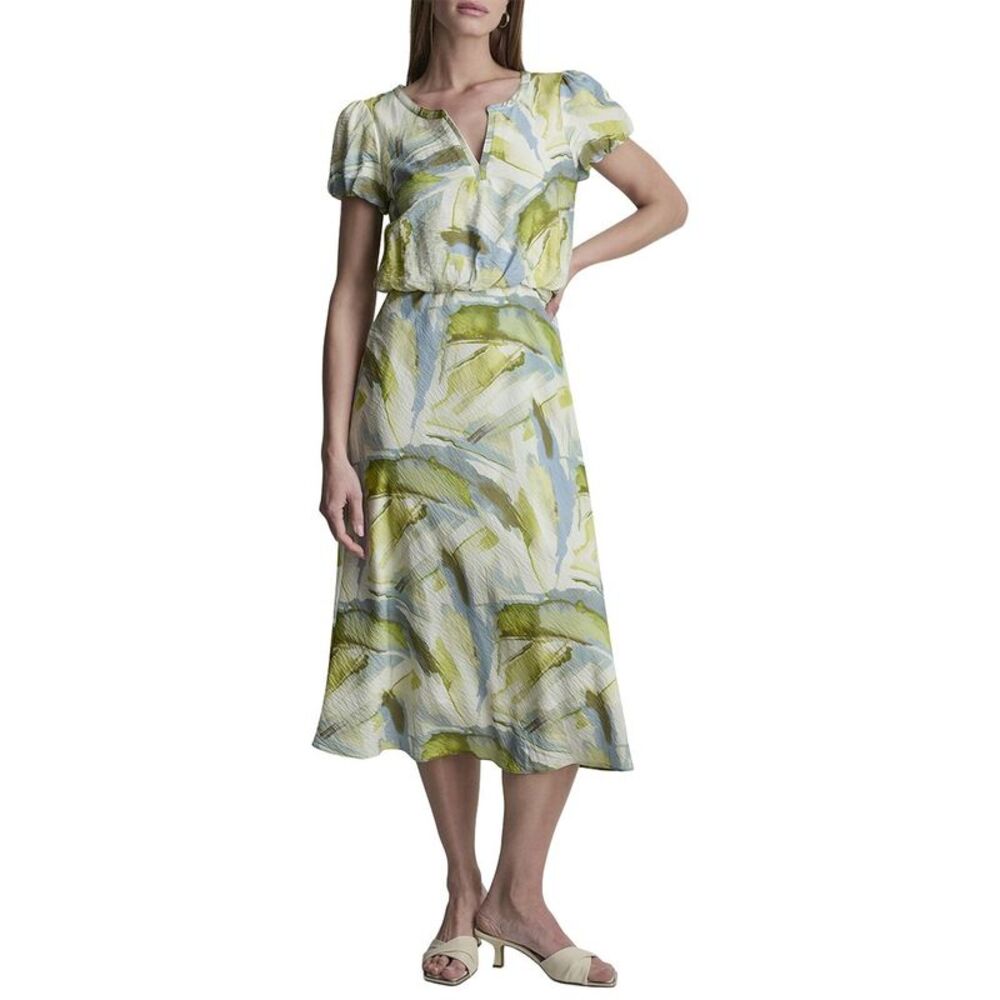 Dkny Womens Printed Voile Tiered Tie-Neck Dress, Blue